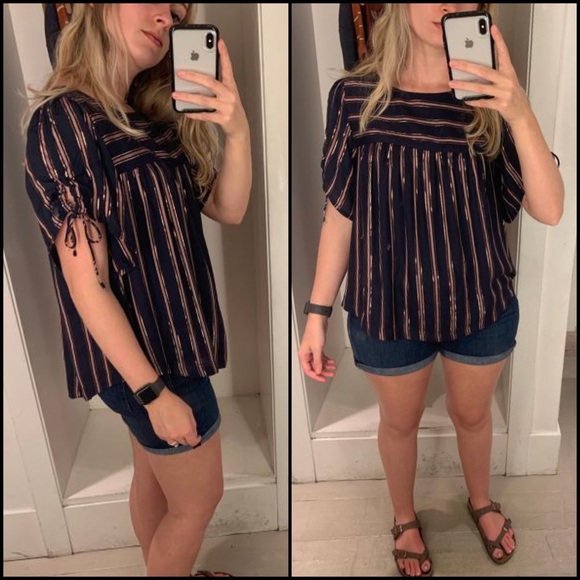 By Anthropologie Navy & Metallic Striped Tie Short Sleeve Peasant Blouse Top - Picture 7 of 15